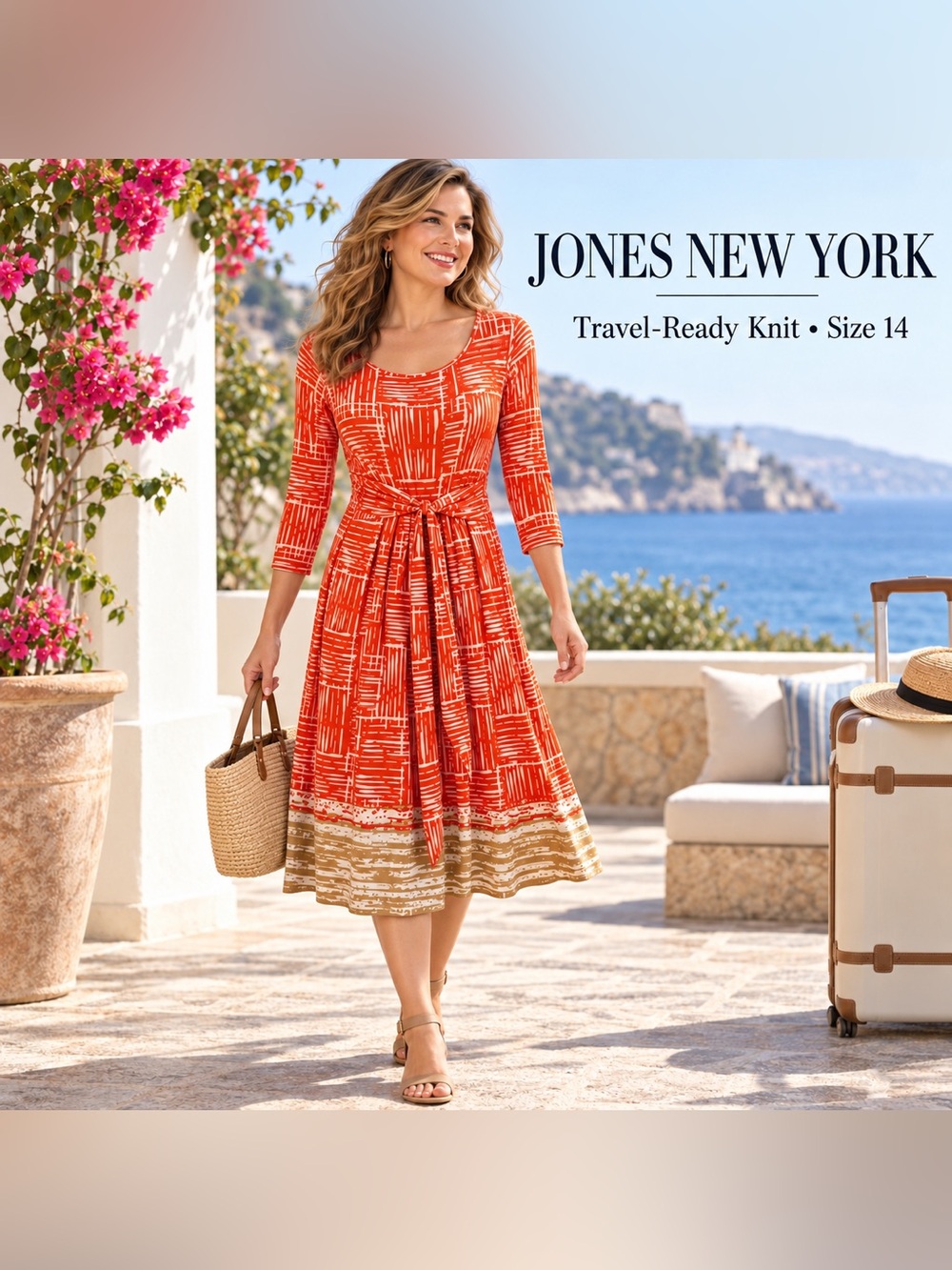 Jones New York Orange and Cream Tie-Waist Midi Dress